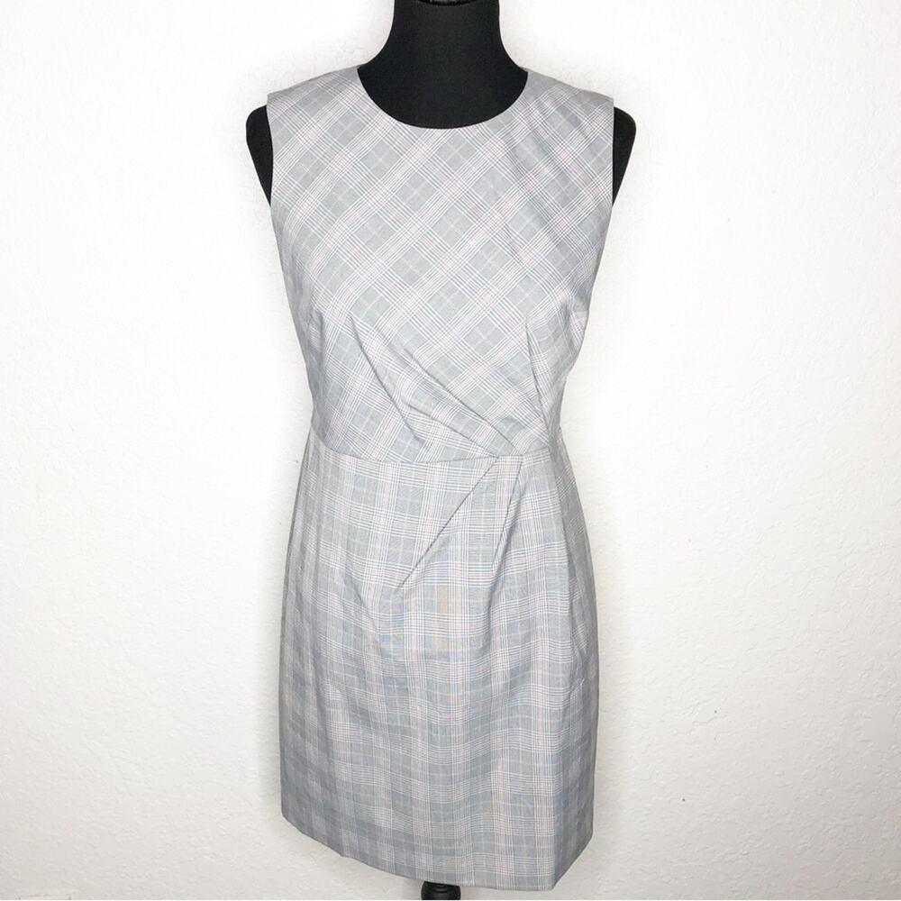 Ann Taylor gray white pink plaid sleeveless sheath dress size 4 Petite 4P